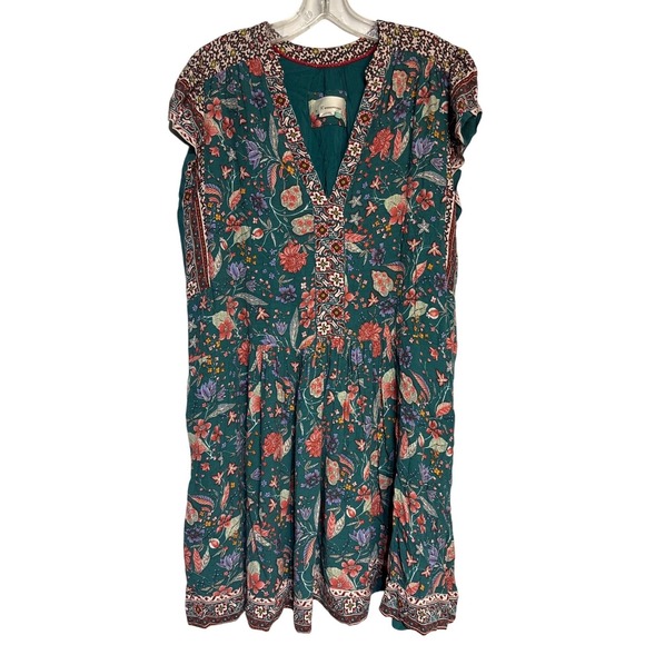 Anthropologie Dresses & Skirts - Anthropologie A+ Floral Print V Neck Mini Dress Green Red Boho Cottagecore